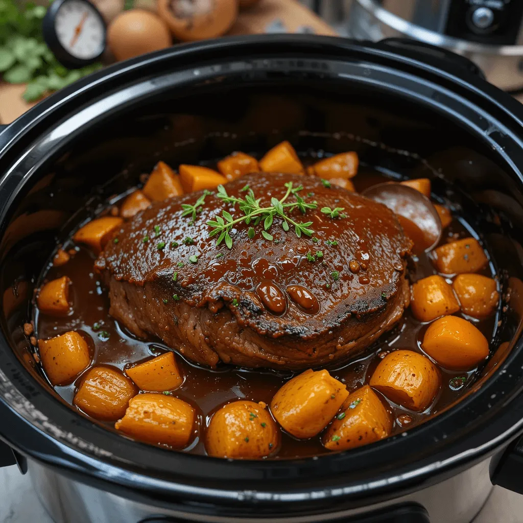 Slow cooker with tender, braised beef roast and vegetables in rich gravy, garnished with fresh herbs.