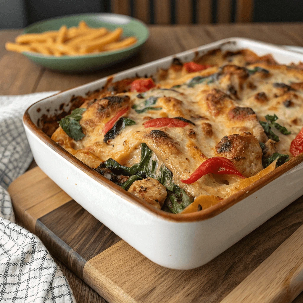 Baked chicken thigh pasta casserole with cheese, golden brown and bubbly.