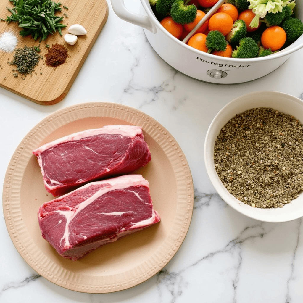 Preparing beef short ribs for slow cooker: trimmed ribs, seasoning with herbs and spices, and kitchen tools ready for cooking.