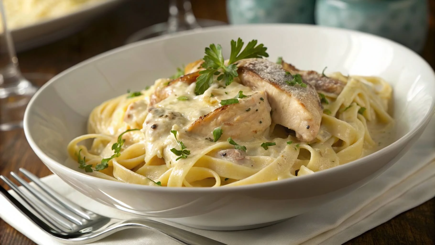 Fettuccine Alfredo with tender chicken thighs garnished with parsley.