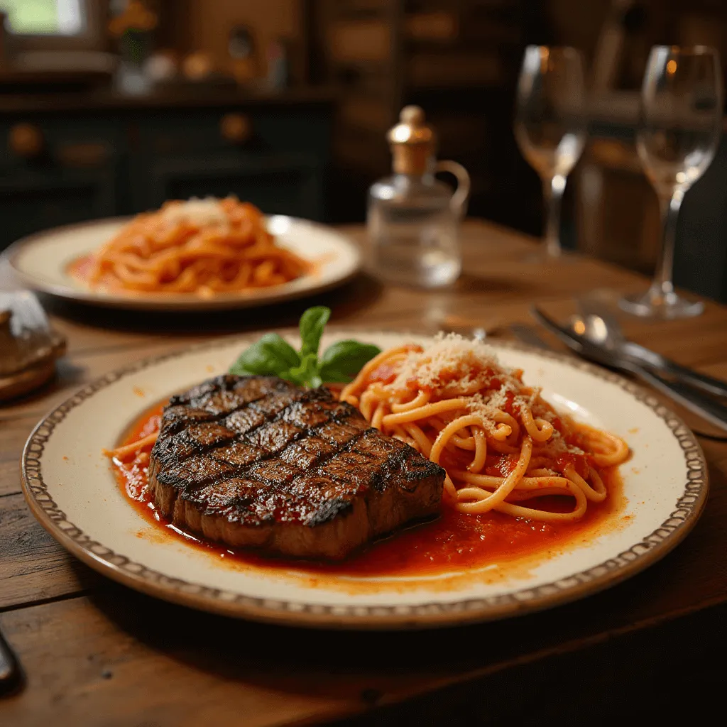 A classic beef steak with a crispy crust and juicy center, paired with pasta in a rich tomato sauce, topped with Parmesan.