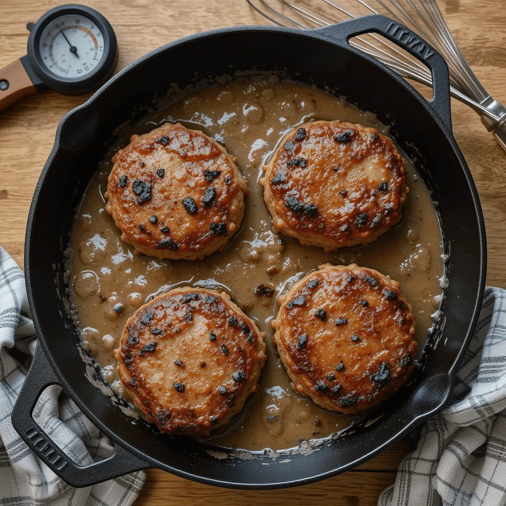 Overcooked Salisbury steak patties with burnt edges and lumpy gravy in a pan, showcasing common mistakes in the cooking process.