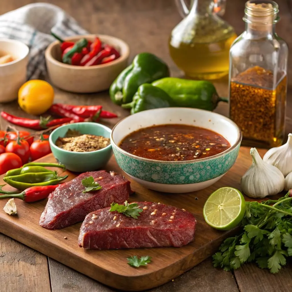 A marinated steak being grilled, pan-seared, and broiled to perfection, showing the different techniques and their results on the steak.