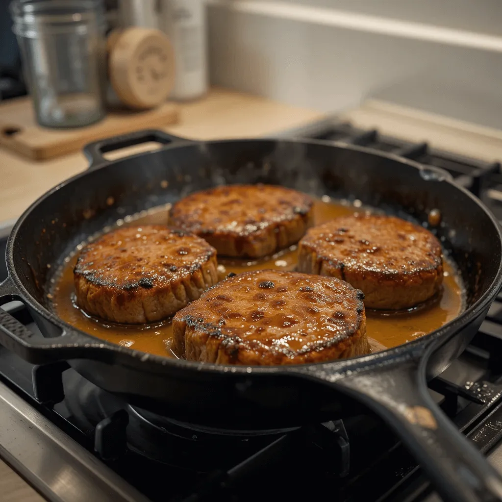 Perfectly cooked Salisbury steaks sizzling in a cast-iron skillet, with a meat thermometer showing the correct temperature and golden gravy surrounding them.