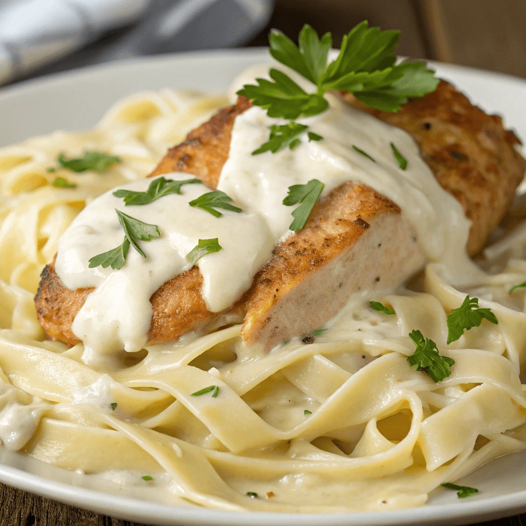 Creamy pasta with chicken thighs, topped with Parmesan cheese and fresh parsley.