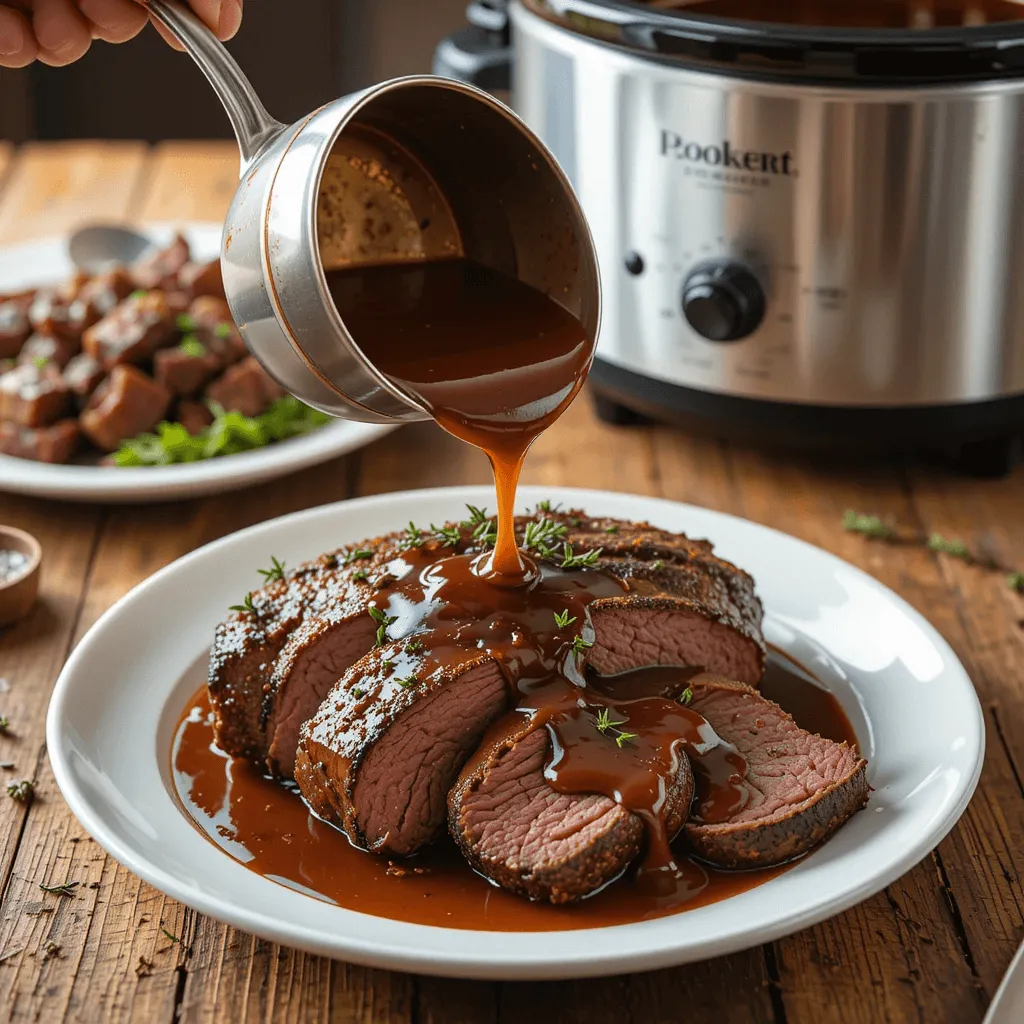 Rich, thick gravy being poured over tender slices of beef roast, garnished with fresh thyme.