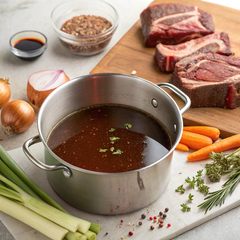 Creating the perfect braising liquid for slow cooker beef short ribs with beef broth, red wine, and fresh aromatics.