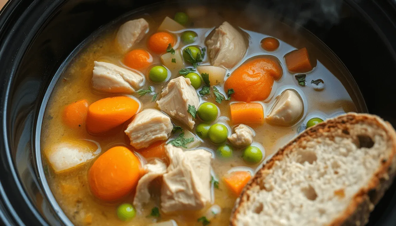 Close-up of crockpot chicken soup with tender chicken, vegetables, and herbs, served with rustic bread.