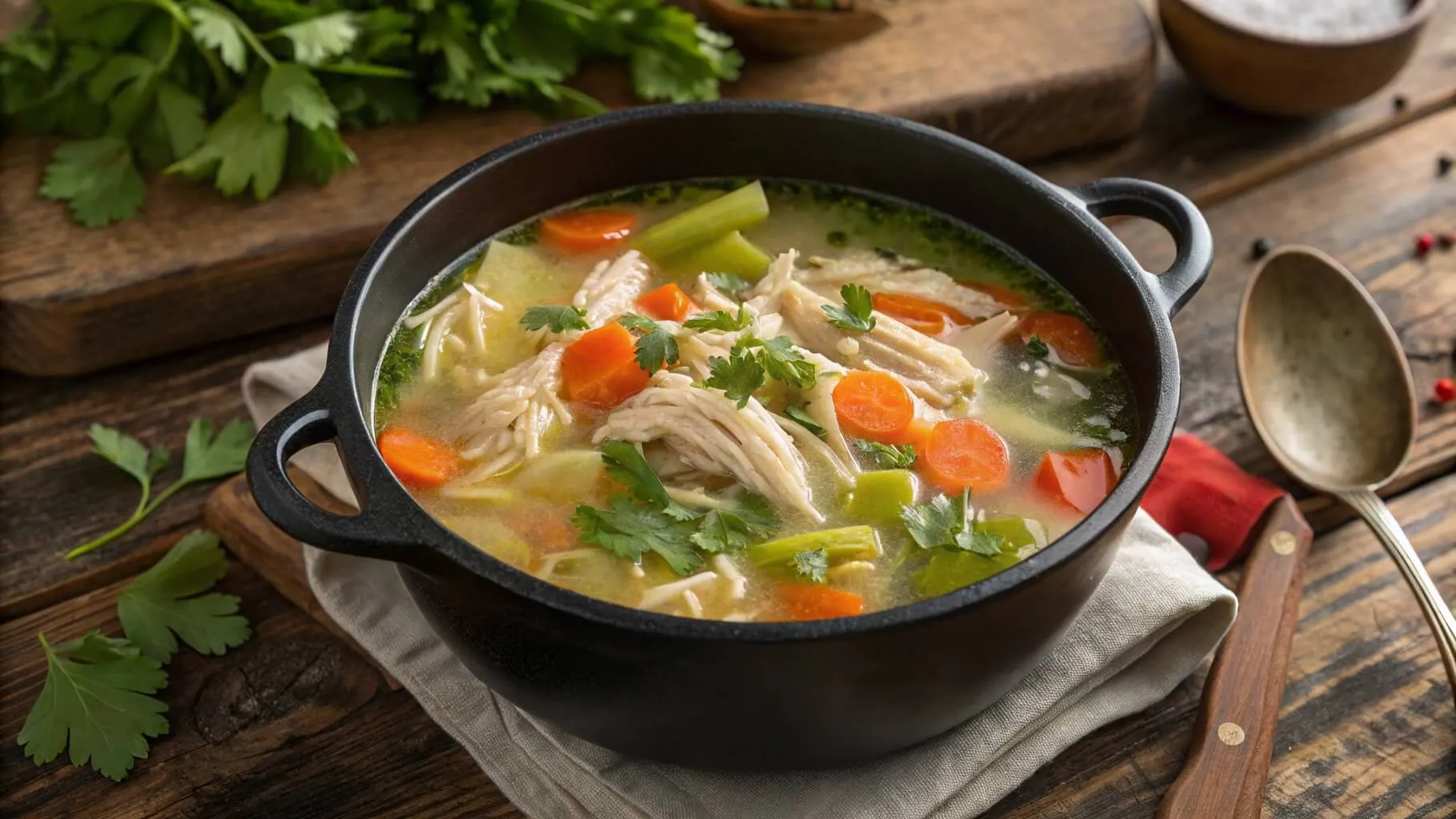 A cozy bowl of crockpot chicken soup with tender shredded chicken, carrots, celery, and fresh parsley on a rustic wooden table.