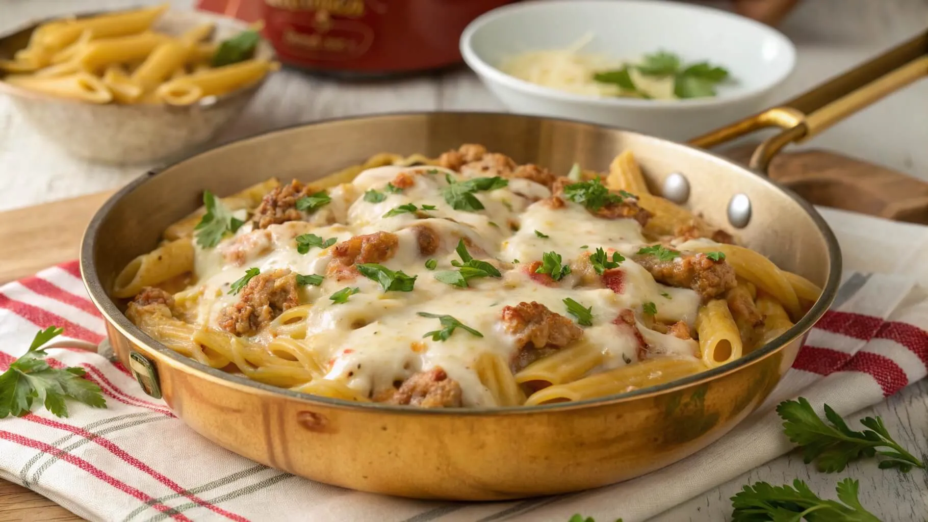 Golden skillet of cheesy ground chicken pasta with melted mozzarella and parsley garnish.