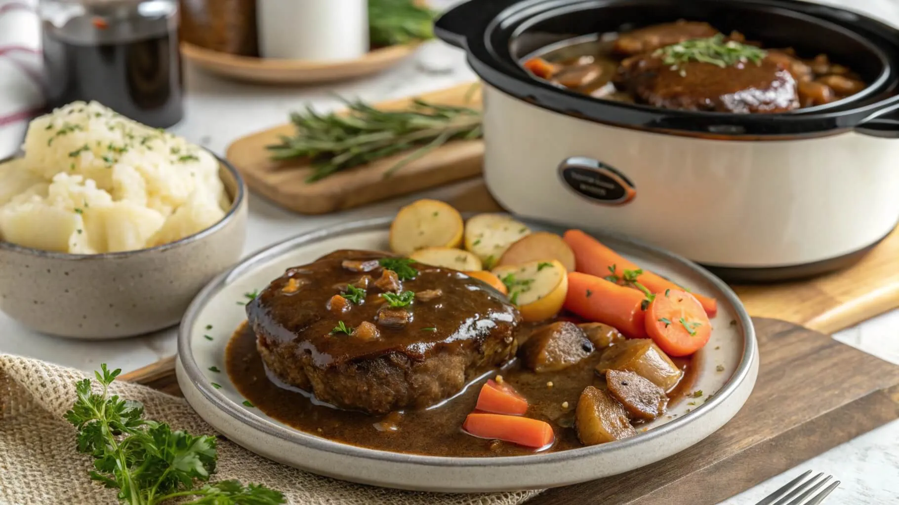 Tender slow-cooked beef short ribs in a crockpot, surrounded by fresh vegetables, evoking a comforting home-cooked meal.