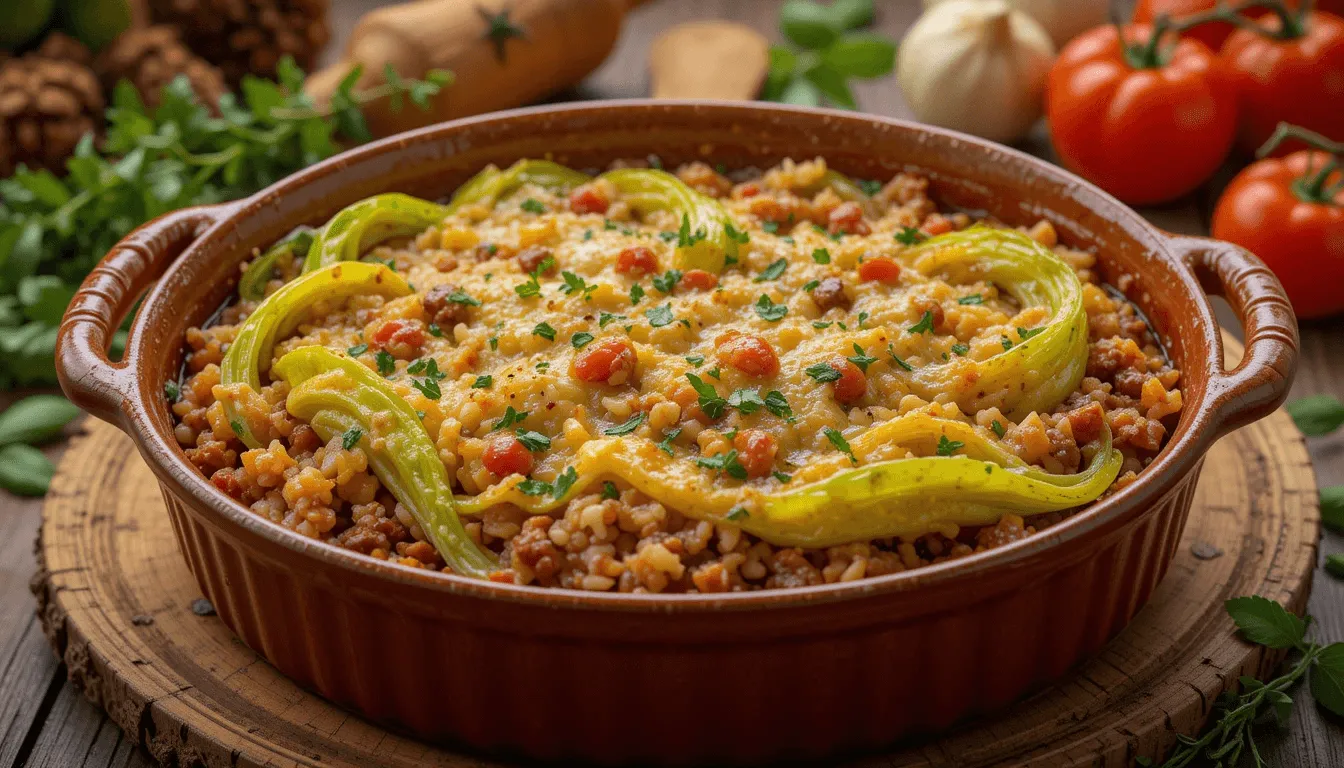 A delicious, cheesy stuffed cabbage casserole with layers of cabbage, ground beef, and tomato sauce, served fresh from the oven.