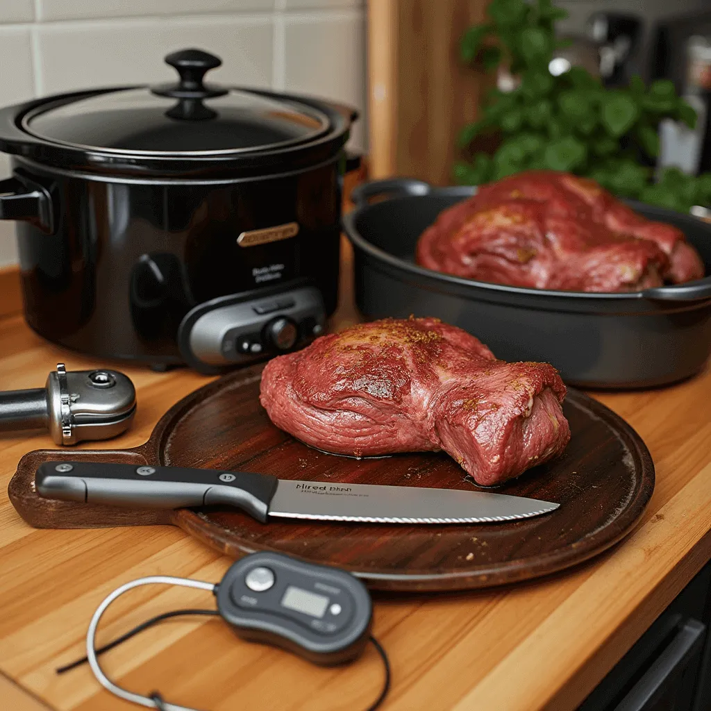 Essential kitchen tools for the perfect roast: slow cooker, sharp knife, meat thermometer, and roasting pan, showcasing their quality and readiness for use.