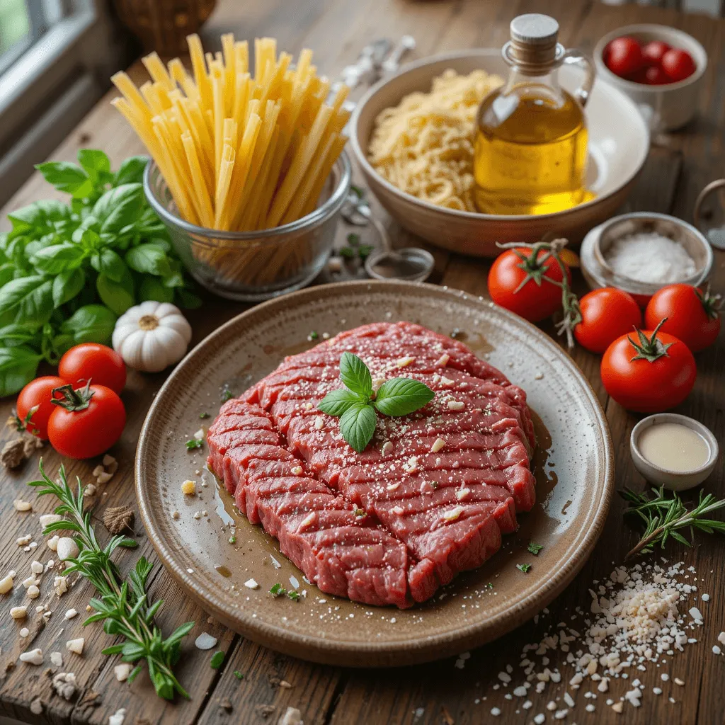 Essential ingredients for beef steak and pasta dishes, including fresh beef, pasta, garlic, onions, tomatoes, herbs, olive oil, and parmesan cheese.