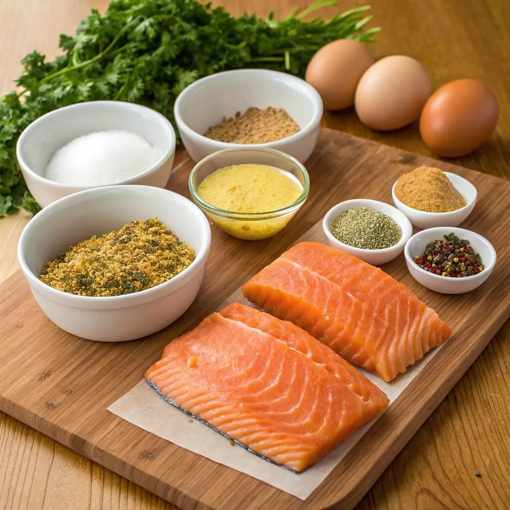 Close-up of essential ingredients for salmon patties, including salmon fillets, breadcrumbs, herbs, and seasonings.