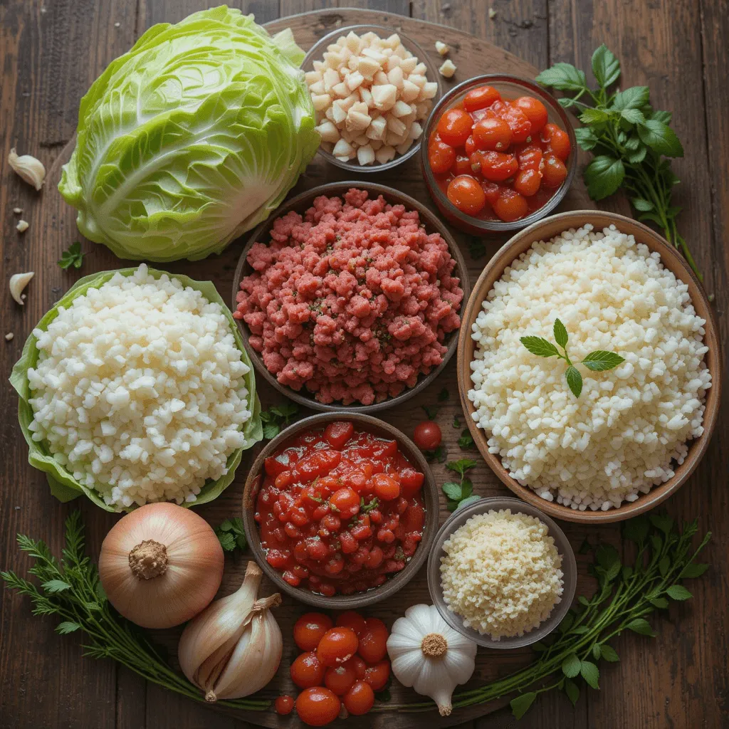 Fresh ingredients for a stuffed cabbage casserole, including cabbage, beef, rice, onions, tomato sauce, and herbs, arranged on a wooden table.