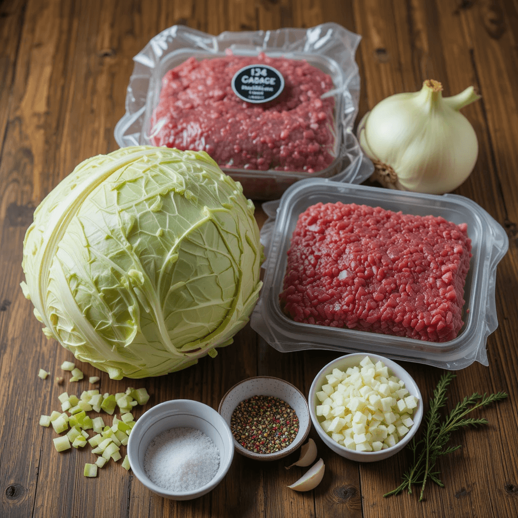 Fresh ingredients for a cabbage and ground meat casserole, including cabbage, ground beef, onions, garlic, and spices.