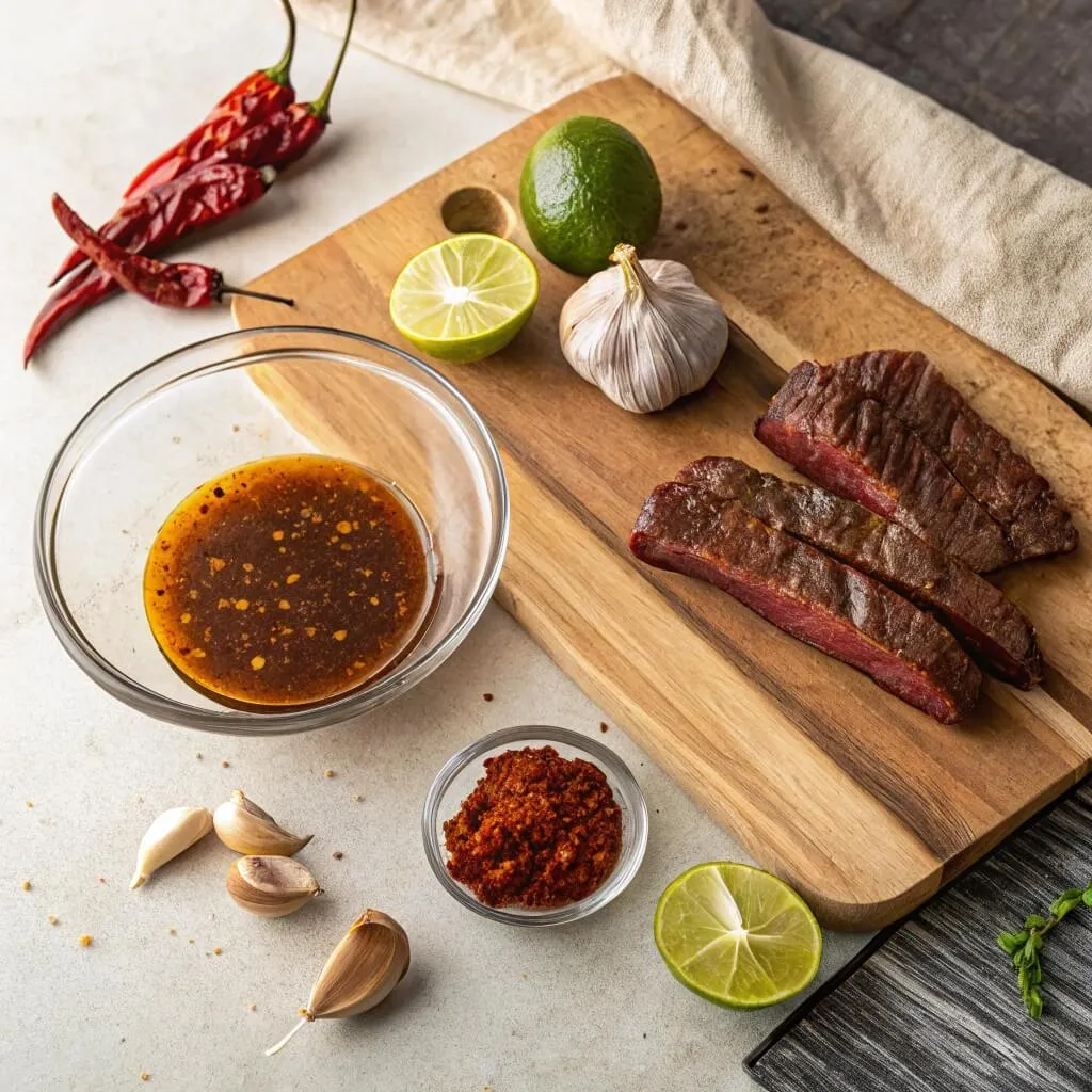 A top-down view of essential ingredients for a chipotle steak marinade, including chipotle peppers, olive oil, garlic, brown sugar, and lime juice, arranged on a rustic wooden board.