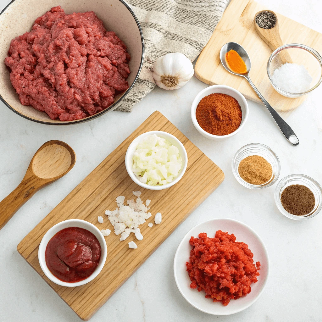 Ingredients for a homemade Sloppy Joe: ground beef, onions, garlic, tomato sauce, and spices.