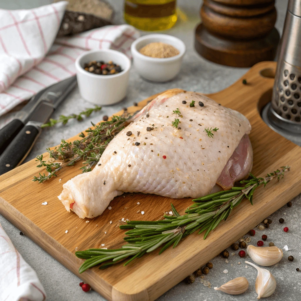 A seasoned chicken thigh ready to be marinated with fresh herbs and spices.