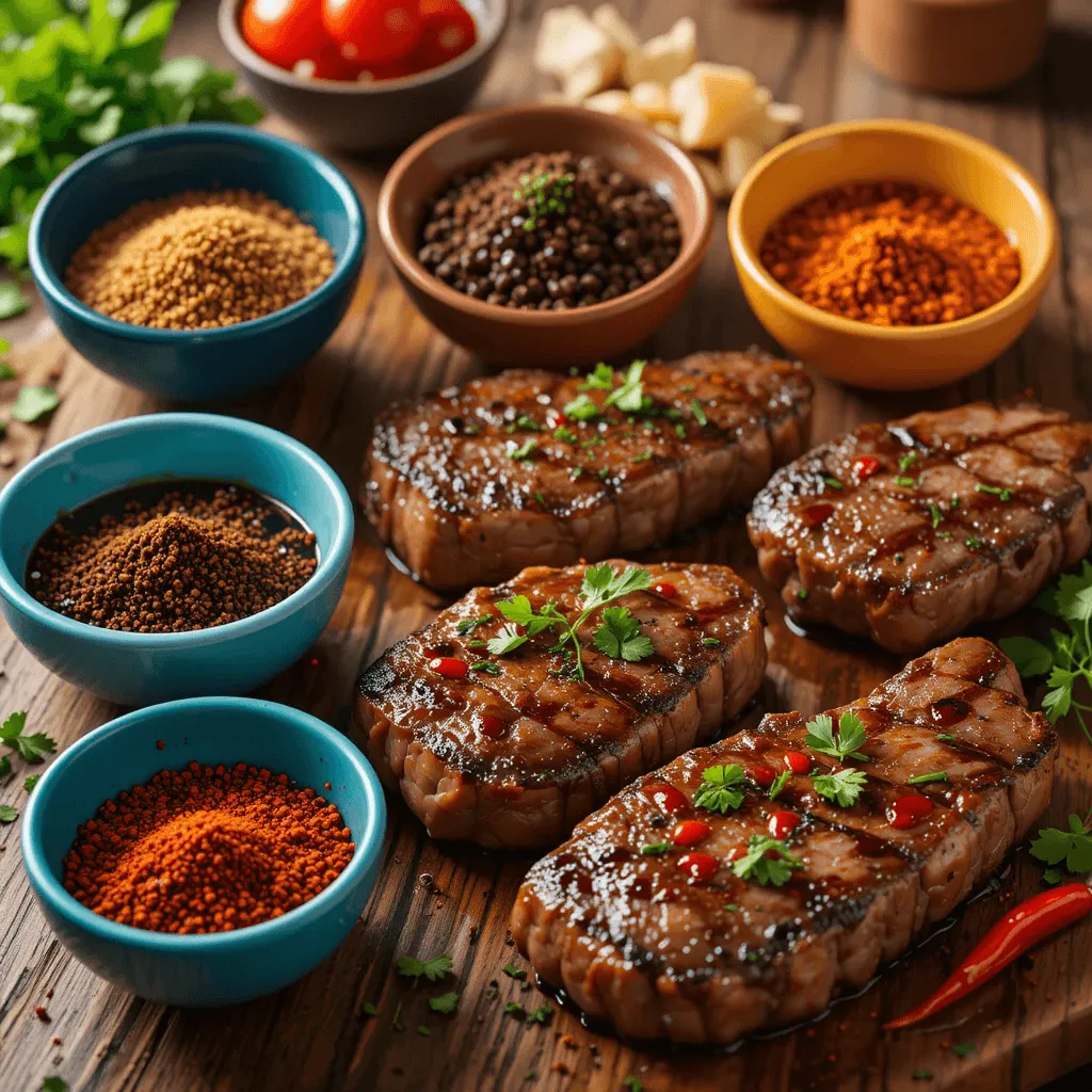 A variety of chipotle steak marinade variations with spices like cumin, coriander, and extra chipotle peppers, and steaks customized with different flavor blends.