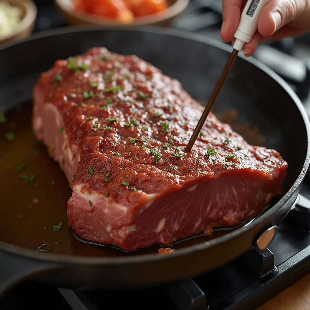 Beef chuck tender roast being seared in a skillet and then transferred to the oven, with a focus on the golden brown crust, juicy interior, and meat thermometer checking temperature.