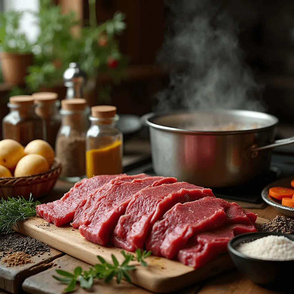 Step-by-step process of making corned beef, showing the raw beef brisket being seasoned with spices, marinated, and cooked to perfection.