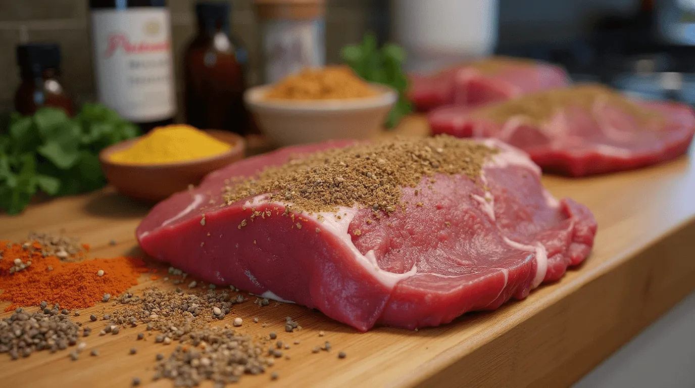 Homemade corned beef brisket being seasoned with salt, sugar, and pickling spices, surrounded by fresh herbs and spices, ready to be cured.