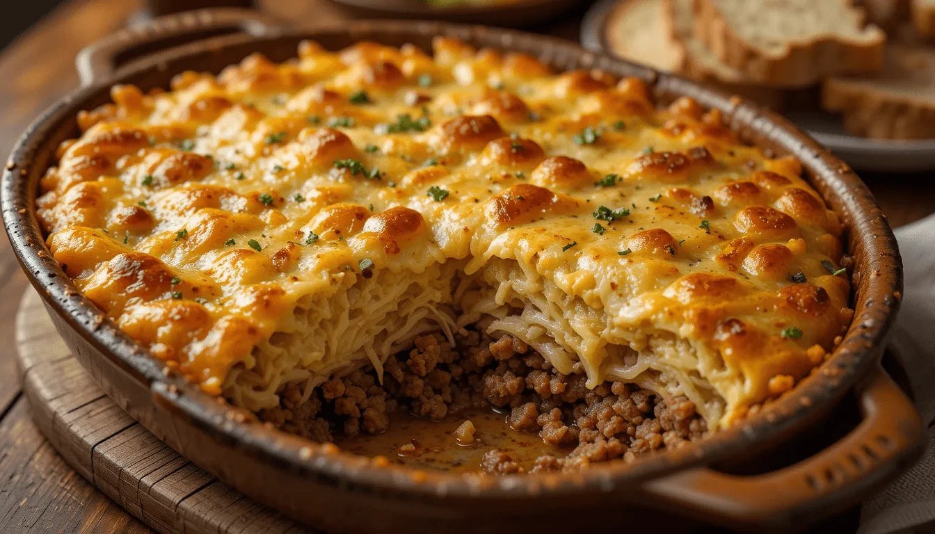 A cabbage and ground meat casserole with golden, melted cheese on top, served with fresh parsley garnish.