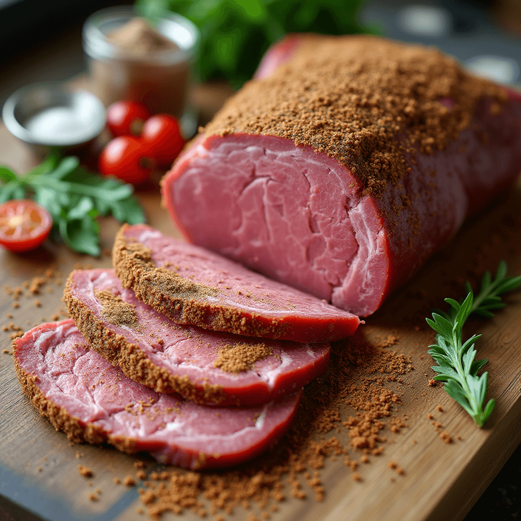 Homemade corned beef brisket being seasoned with salt, sugar, and pickling spices, surrounded by fresh herbs and spices, ready to be cured