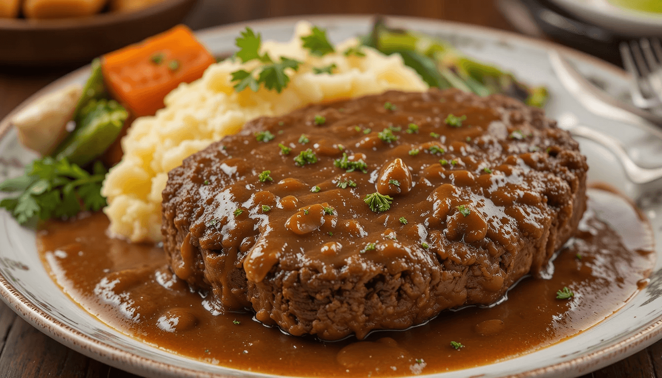 Juicy homemade ground beef Salisbury steak with rich gravy, mashed potatoes, and vegetables, captured in a close-up shot. Perfectly cooked and served with all the details visible.