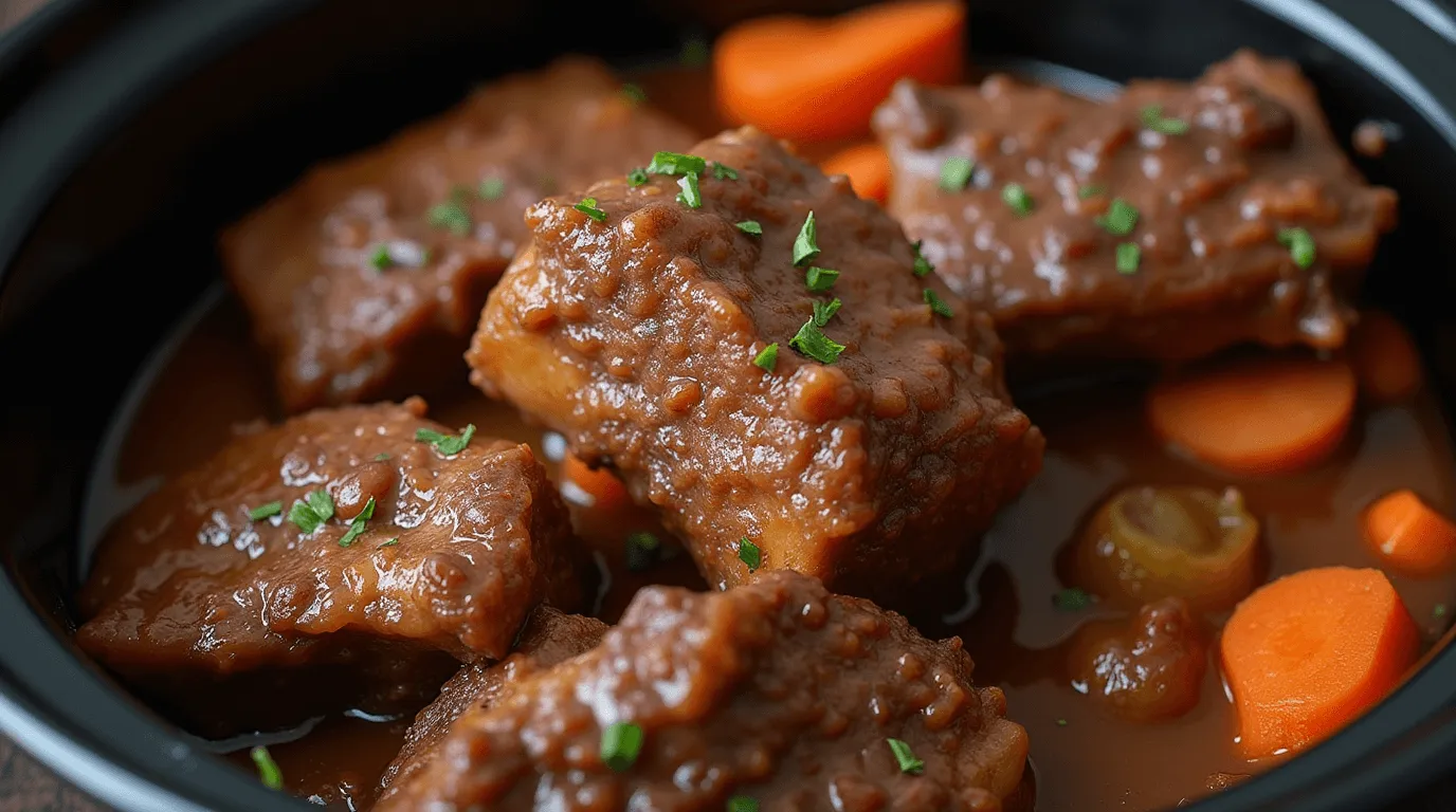 Perfectly cooked beef short ribs in a slow cooker, tender and juicy, with a rich gravy and savory vegetables like onions and carrots. The slow cooker meal exudes comfort and flavor.