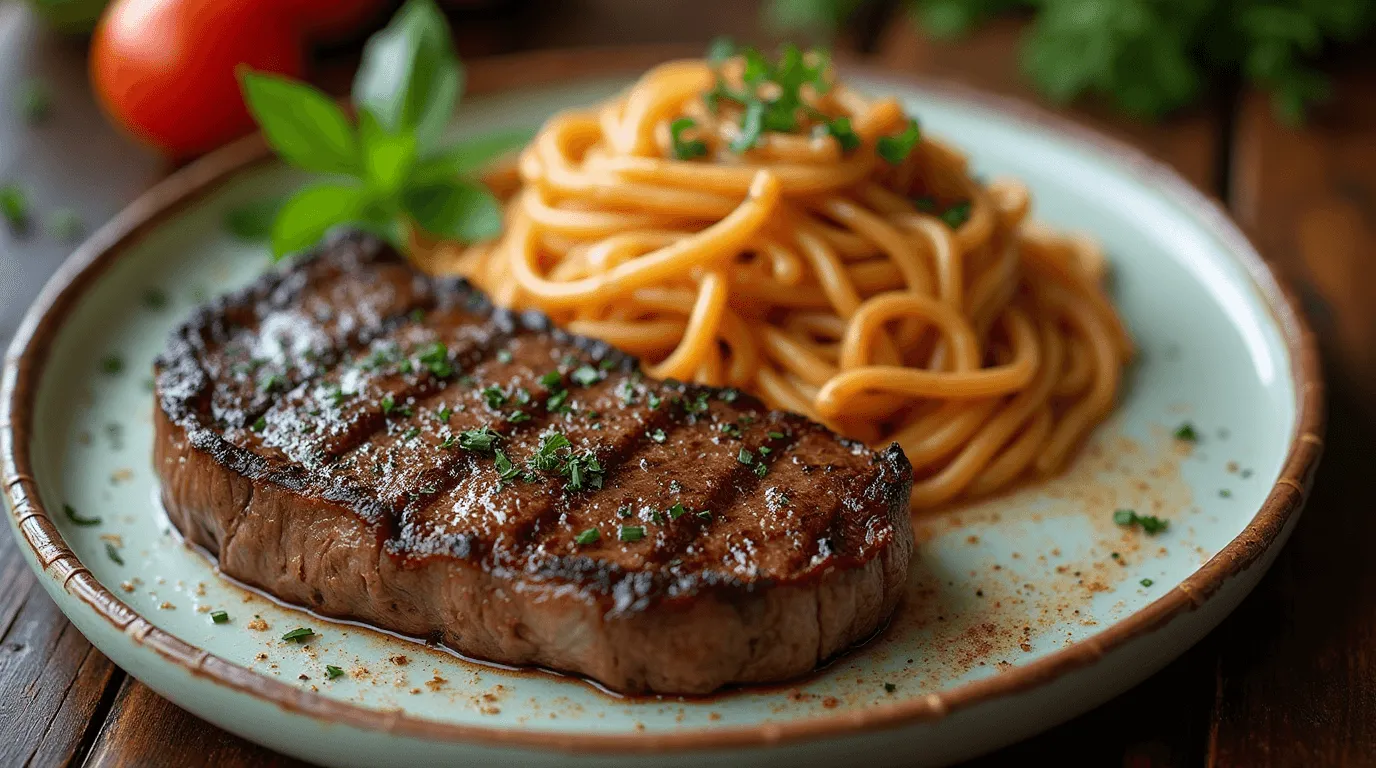 Perfectly seared beef steak served alongside creamy pasta, garnished with fresh herbs and a rich sauce.