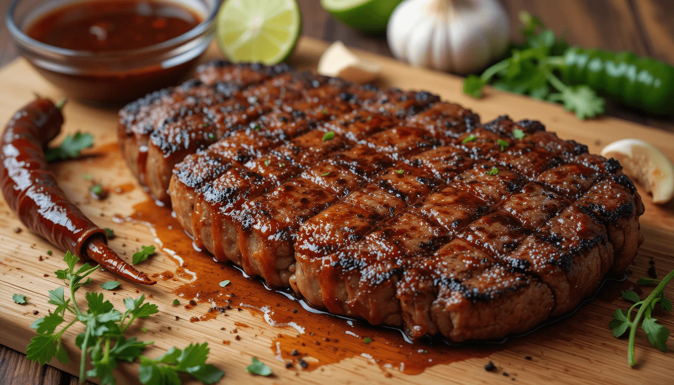 Perfectly grilled steak marinated in a smoky chipotle sauce, surrounded by fresh ingredients like chipotle peppers, lime, and garlic.