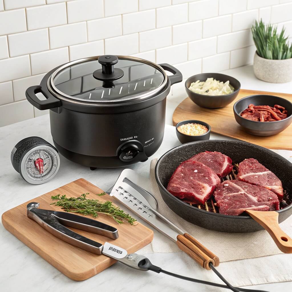 Essential kitchen tools for slow cooking short ribs: a 6-quart slow cooker, Dutch oven, tongs, and a meat thermometer, ready for use.