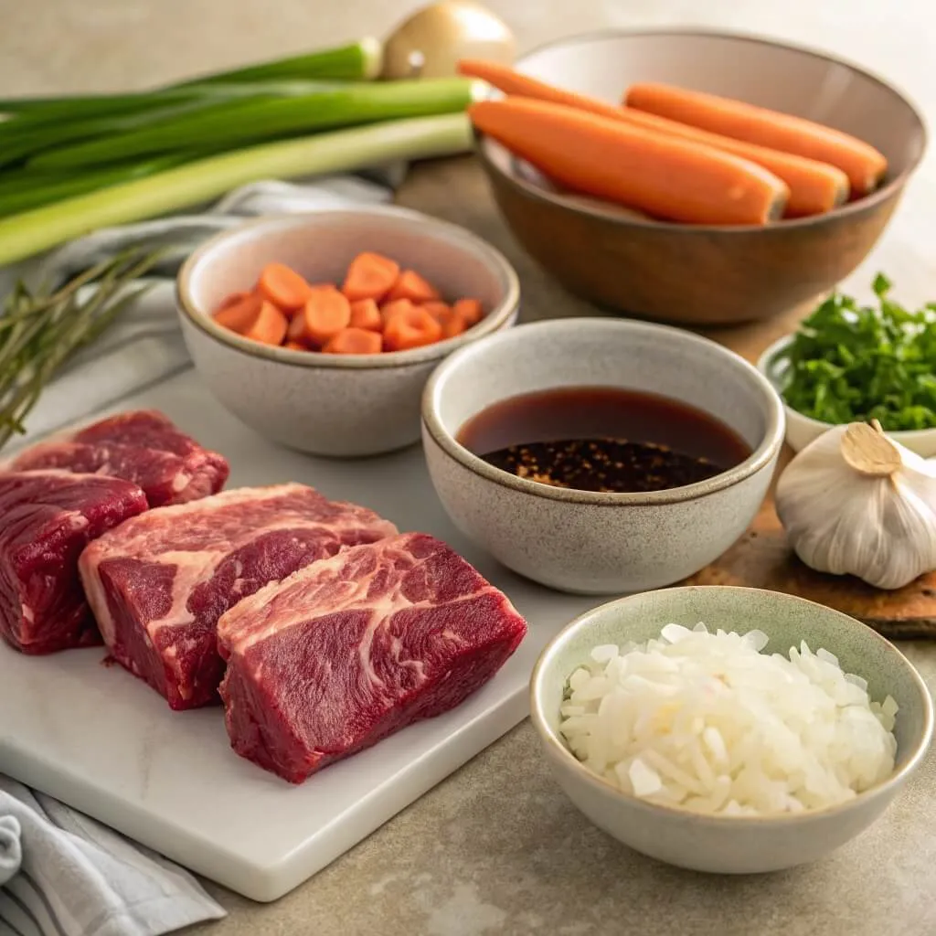 Ingredients for slow cooker short ribs: beef short ribs, diced onion, minced garlic, red wine, beef broth, and optional carrots and celery, arranged on a kitchen counter.