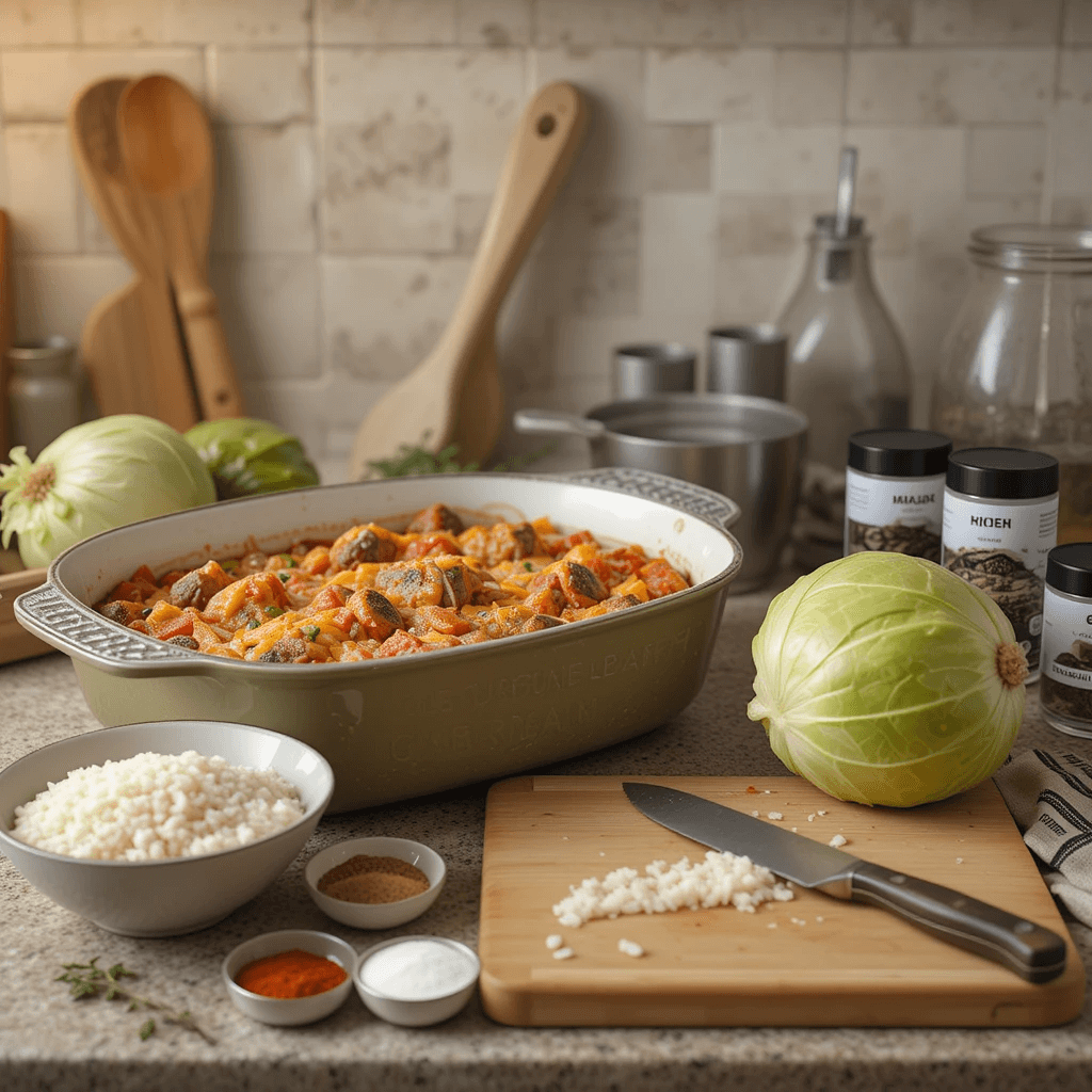 A cozy kitchen countertop with essential tools and ingredients for making stuffed cabbage casserole, including a baking dish, wooden spoon, knife, rice, and spices.