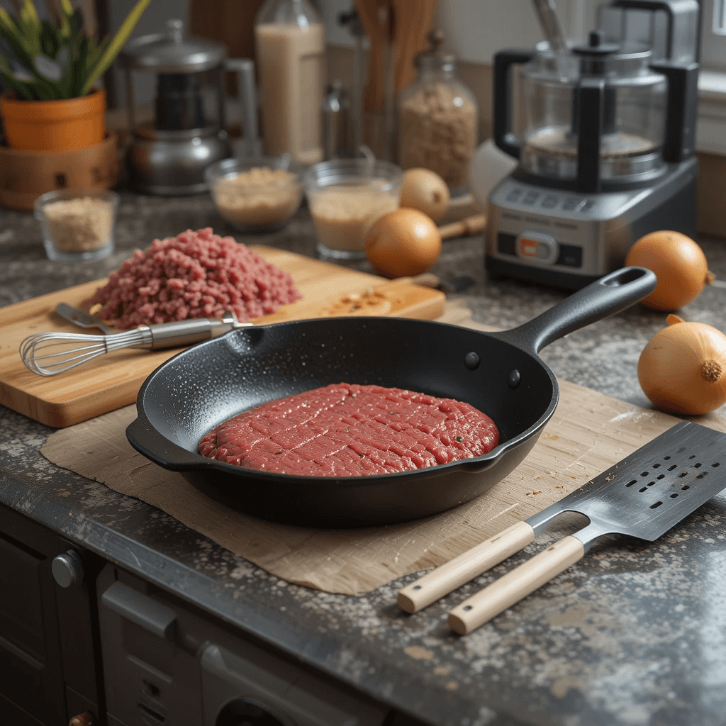 Essential kitchen tools for making ground beef Salisbury steak: cast-iron skillet, meat thermometer, whisk, and spatula, set against a clean, organized countertop.