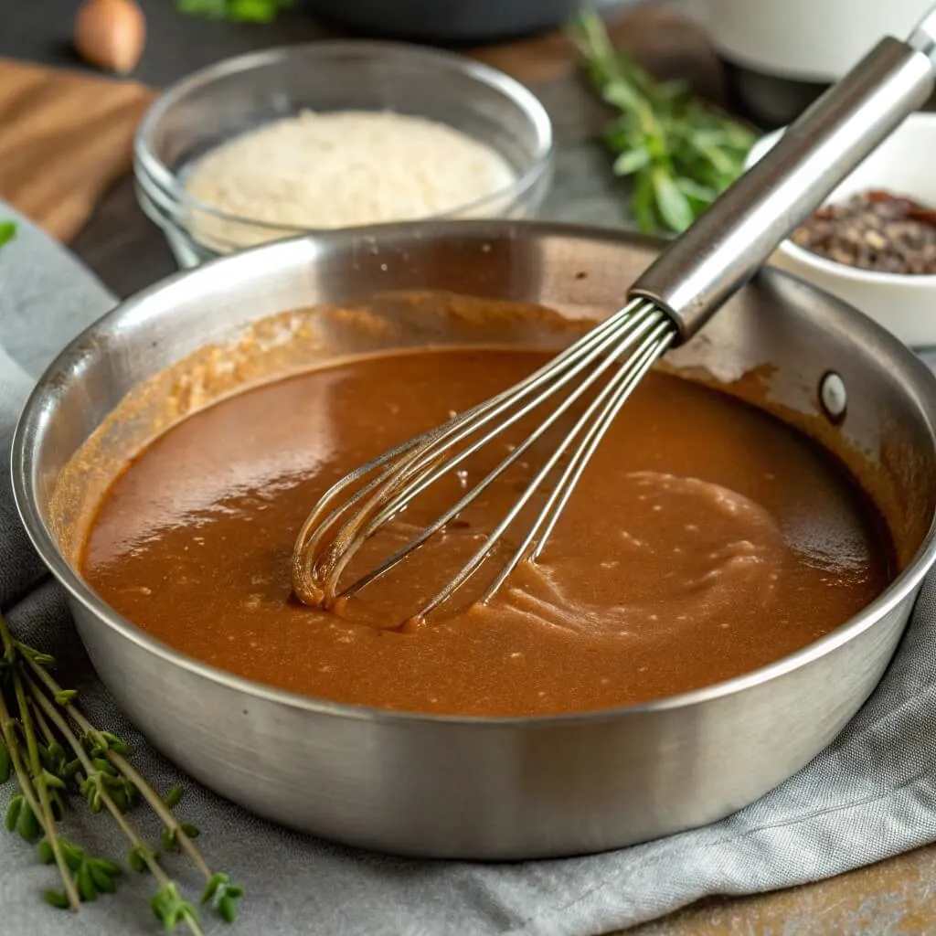 Homemade rich brown gravy being whisked in a pan, with beef broth and flour on the counter, showcasing its smooth texture and consistency.