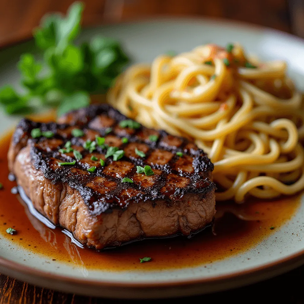 A perfectly grilled steak with a crispy crust and juicy interior, garnished with rosemary and garlic.