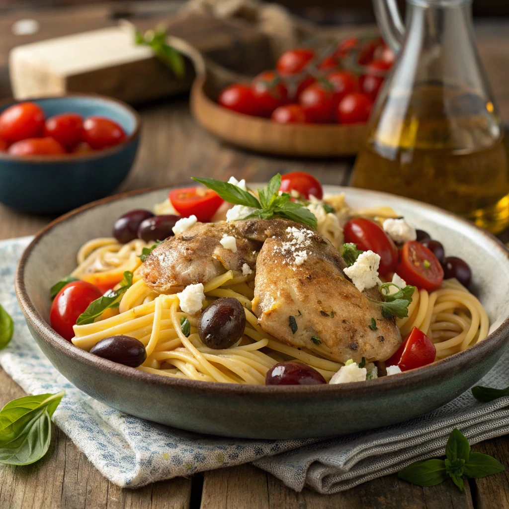 Mediterranean chicken thigh pasta with feta, olives, and fresh herbs.