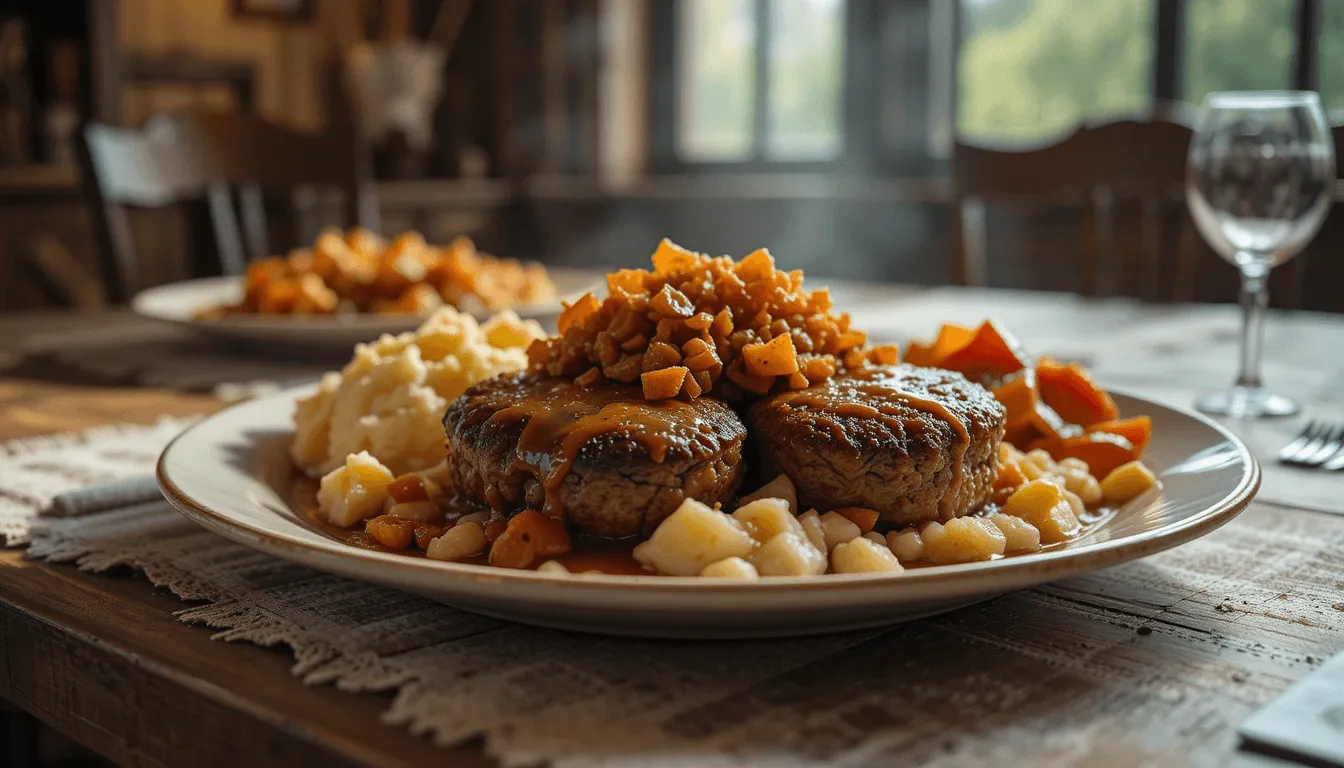 Plated Old-Fashioned Salisbury Steak with savory gravy and mashed potatoes on a rustic dining table, evoking nostalgia and comfort.