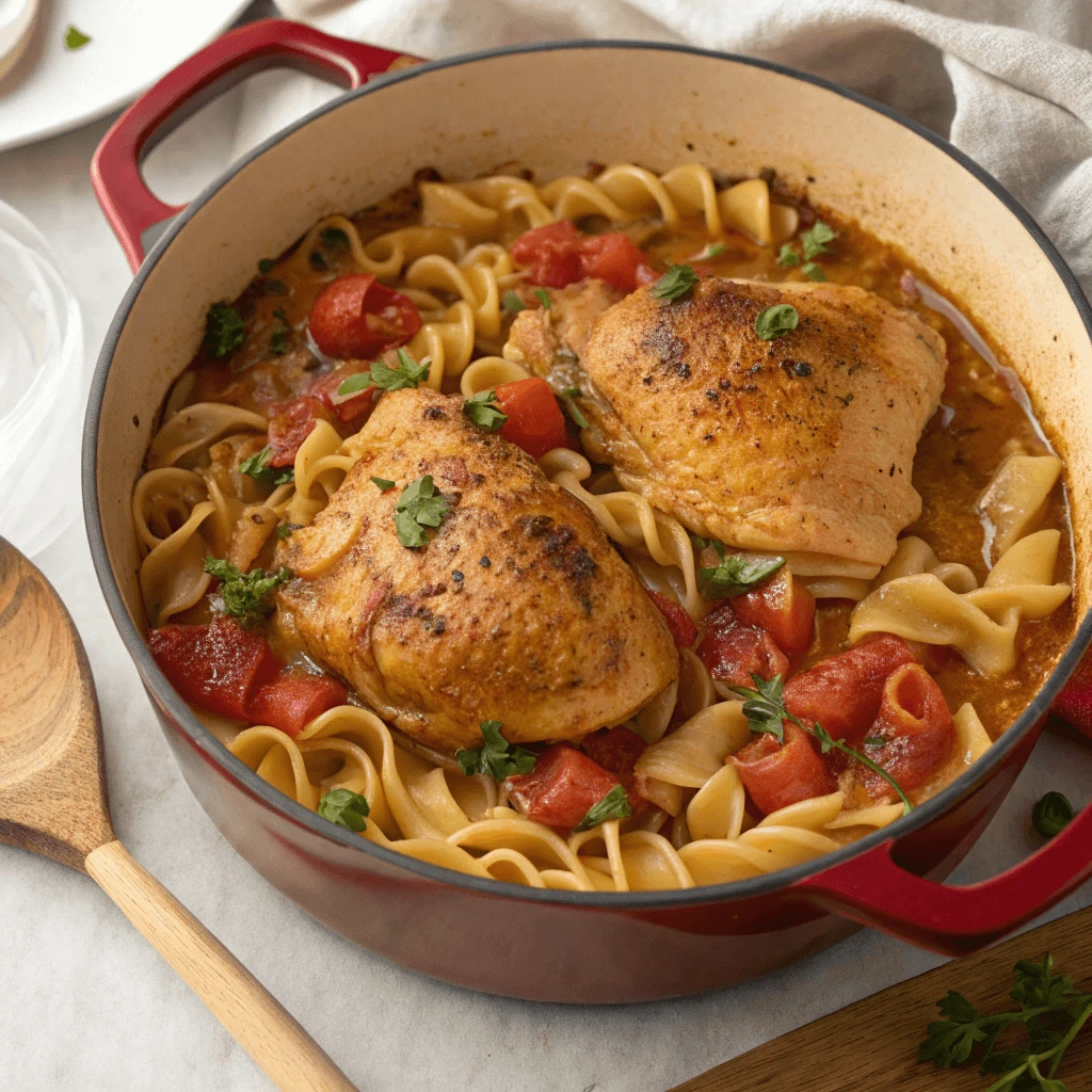 One-pot chicken thigh pasta dish with herbs and rich sauce in a Dutch oven.