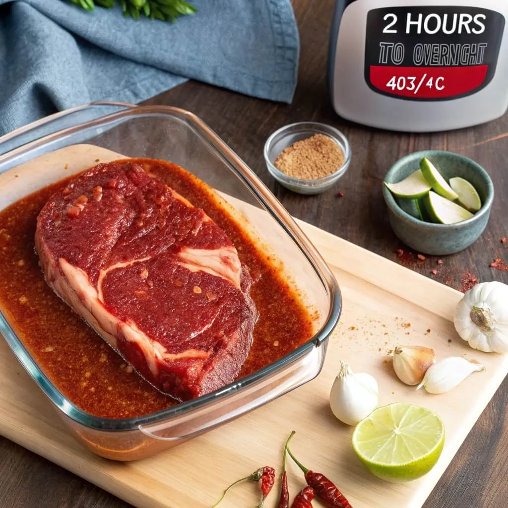 A marinated steak in a glass dish with a kitchen timer and thermometer, highlighting the ideal marination time and temperature for the perfect chipotle steak.