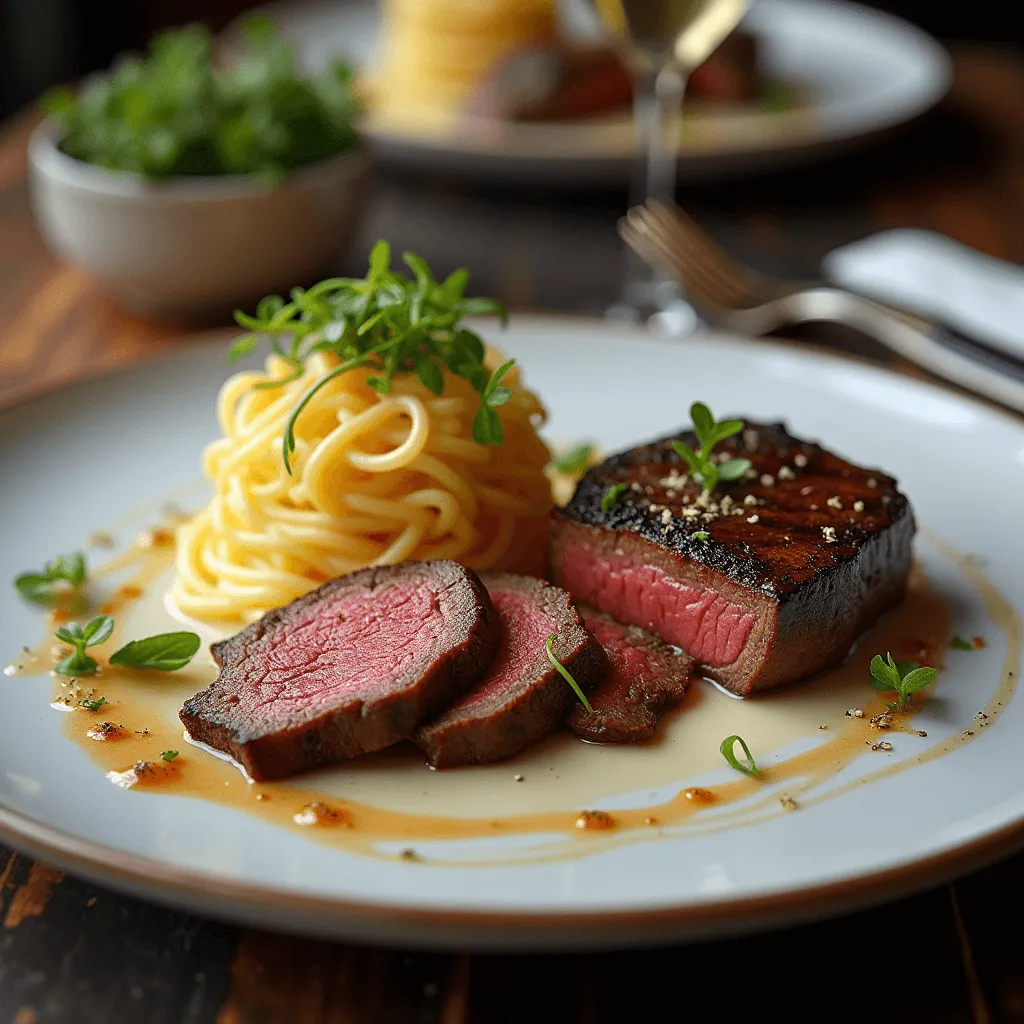 A professionally plated beef steak and pasta dish with elegant garnishes and a visually appealing presentation.