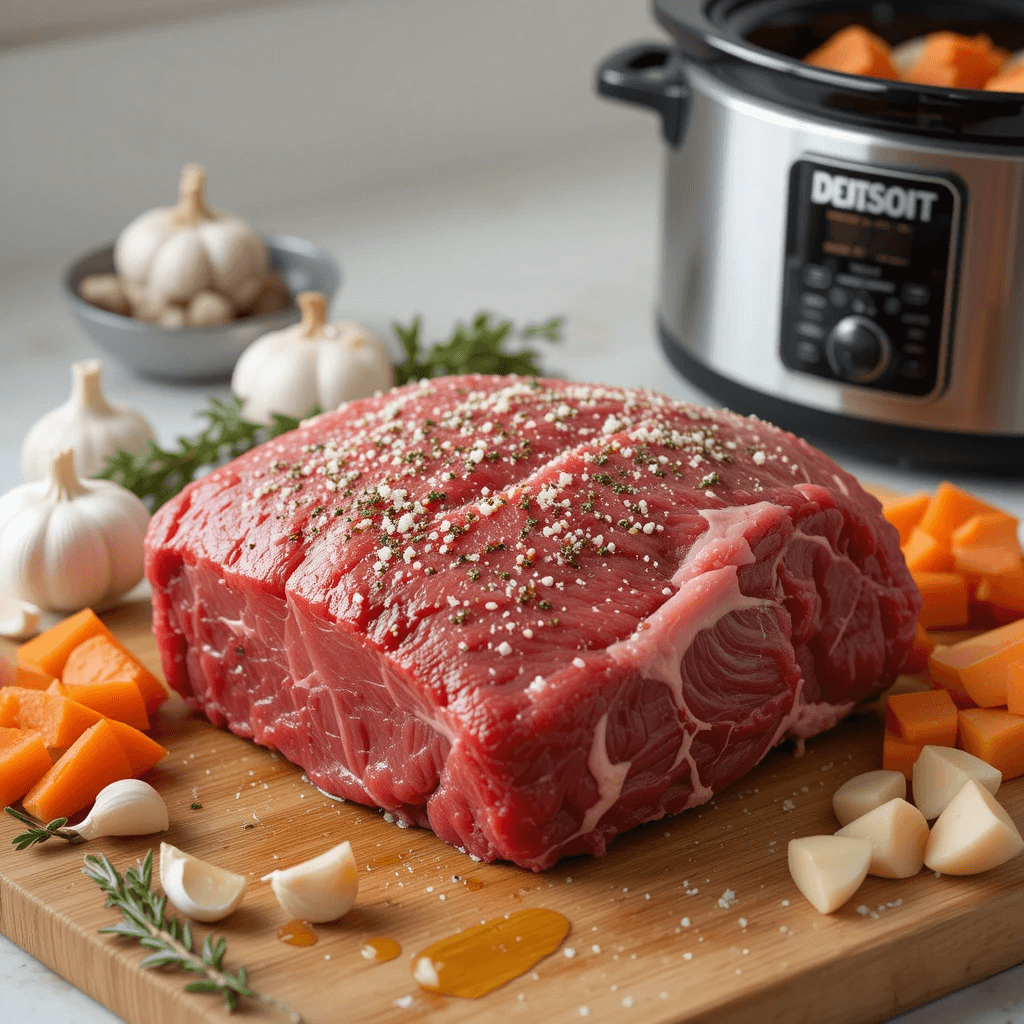 Seasoned beef chuck roast on a cutting board with fresh herbs and garlic, ready for the slow cooker with vegetables.