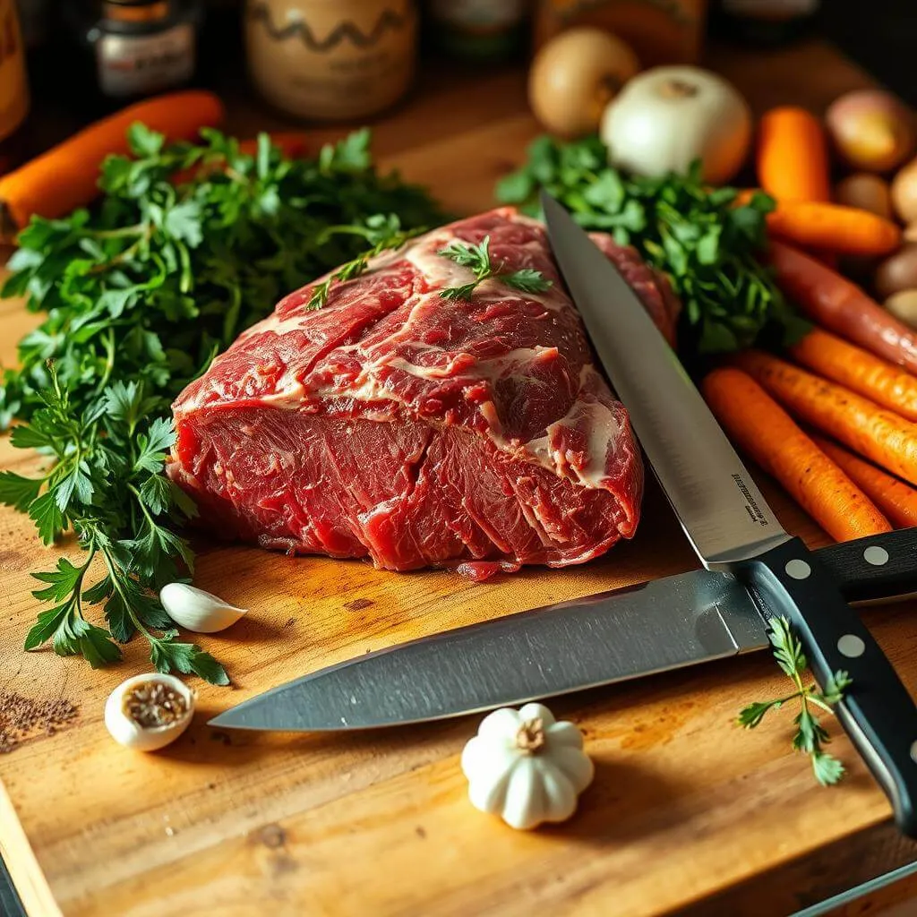 Beef chuck tender roast being prepared on a kitchen counter, trimmed of excess fat and seasoned with fresh herbs and spices, ready for cooking.