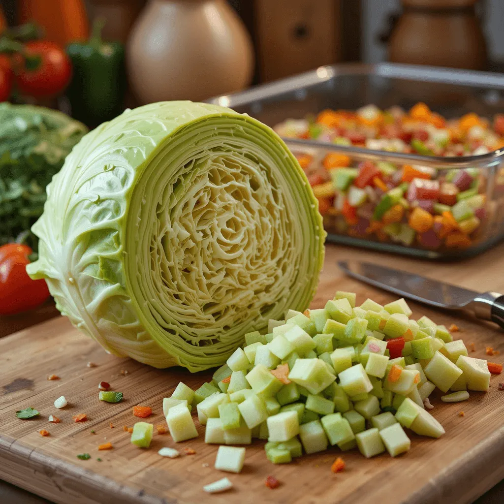 Fresh cabbage leaves being separated and prepared for a stuffed cabbage casserole, with a sharp knife on a wooden board.