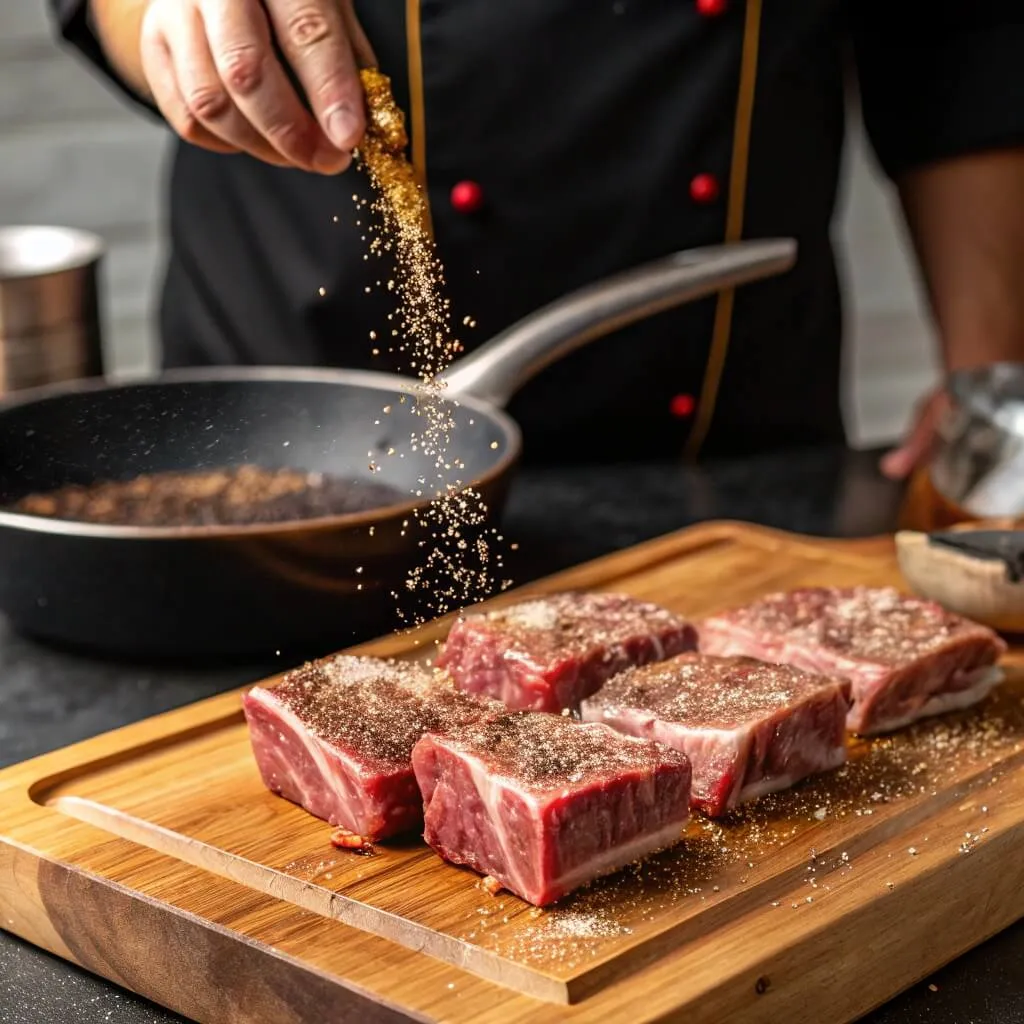 Seasoning beef short ribs with salt, pepper, and paprika on a cutting board, ready for browning in a skillet for slow cooker preparation.