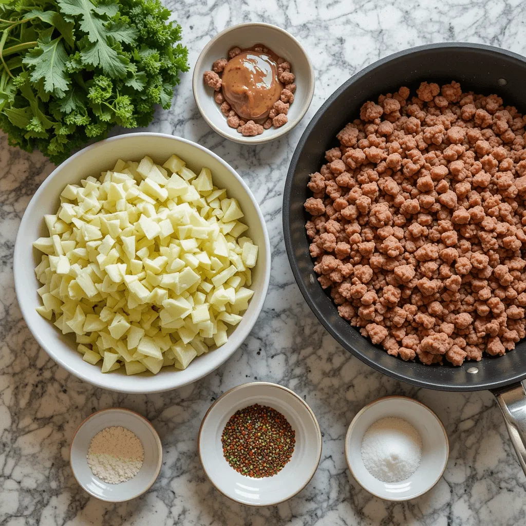 Prepped ingredients for a cabbage and ground meat casserole, including chopped cabbage, browned hamburger meat, and seasoning.